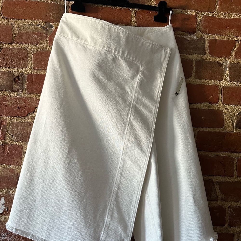 Celine Cream Asymmetrical Wrap Midi Skirt